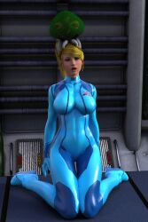  3d alien androgynous androgynous_dom blonde_hair bodysuit brain_drain breasts drool expressionless female_only femsub kneeling metroid metroid_(series) nintendo open_mouth parasite ponytail samus_aran theheckle zero_suit 