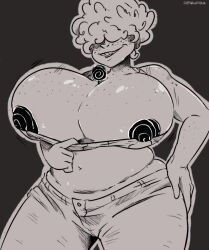  bangs breasts cephalophilia cleavage curly_hair ed_edd_n_eddy female_only femdom freckles greyscale hair_covering_both_eyes hand_on_hip huge_breasts hypnotic_breasts hypnotic_object hypnotic_spiral jeans large_breasts lee_kanker midriff nipples pov pov_sub short_hair smile solo spiral 