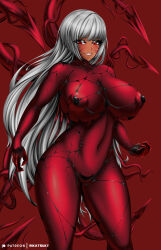 absurdres breasts cleavage dark_skin erect_nipples grey_hair large_breasts navel original red_eyes rikatsuky symbiote