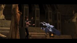  3d animated animated_gif before_and_after belt bra brown_hair cleavage femsub ghost maledom marka_ragnos necklace open_mouth pants possession standing standing_at_attention star_wars star_wars_jedi_knight sword tavion_axmis underwear video_game 