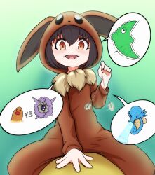  black_hair brown_eyes clothed costume eevee kiddom loli nintendo open_mouth pendulum poke_kid pokemon pokemon_sword_and_shield pov sitting thekinkyfinn 