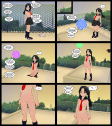 3d 3d_custom_girl absurdres bottomless breasts comic empty_eyes femsub happy_trance l-exander909 nude original school_uniform skirt small_breasts text topless twintails urination