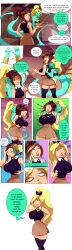 absurdres ass blonde_hair bondage brown_hair comic earrings elf_ears eye_roll female_only femdom femsub genie ghost green_skin groping hugothetroll jewelry long_hair mole necklace original ponytail possession text thighhighs torn_clothes