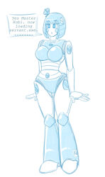 blue_eyes blue_hair breasts cleavage fembot femsub kobi94 large_breasts open_mouth original robot short_hair solo standing standing_at_attention symbol_in_eyes tech_control text tilly_(kobi94) white_background