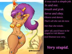 blush breasts caption cleavage dancer dancing female_only femsub glowing glowing_eyes happy_trance harem_outfit heart heart_eyes jewelry large_breasts magic mrcocoof nikkiknacky_(manipper) ponytail purple_hair shantae shantae_(series) smile solo symbol_in_eyes text thick_thighs very_long_hair