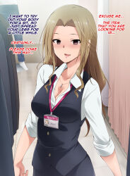  absurdres ahoge altered_common_sense blush brown_eyes brown_hair cleavage comic dialogue empty_eyes femsub hard_translated kaiga large_breasts long_hair maledom necklace pov_dom saimin_appli_ver._666 skirt smile standing text translated unaware washimiya_shouko 