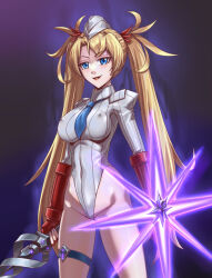  alternate_costume blonde_hair blue_eyes bradamante braid breasts capcom erect_nipples erect_nipples_under_clothes evil_smile fate/grand_order fate_(series) female_only femsub gloves hair_ornament hat leebigtree legs leotard magic navel nipples open_mouth shadaloo_dolls shield simple_background smile solo street_fighter tie tongue twintails uniform very_long_hair weapon 