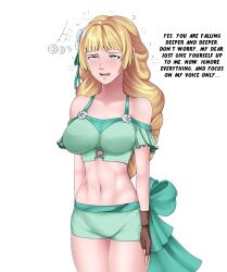  absurdres bare_shoulders blonde_hair blush breasts coin dazed deltathelion dialogue empty_eyes eye_roll female_only femsub fingerless_gloves fire_emblem fire_emblem_three_houses gloves green_eyes ingrid_brandl_galatea large_breasts long_hair navel nintendo pendulum simple_background smile solo standing standing_at_attention swimsuit text white_background 