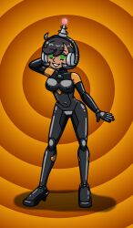 antenna black_hair emma_(pokemon) erect_nipples erect_nipples_under_clothes fembot femsub green_eyes hand_on_head happy_trance headphones high_heels latex nintendo pokemon pokemon_legends_z-a robotization short_hair spiral_background spiral_eyes spiralwash_eyes suit supertechno324 tech_control