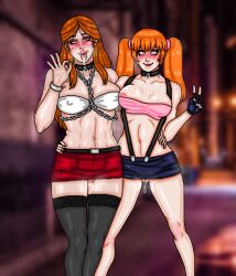 blush breast_press chains character_request choker copyright_request drool fingerless_gloves freckles heart_eyes long_hair makeup midriff milf miniskirt mother_and_daughter mspainter pussy_juice red_hair smile suspenders symbol_in_eyes thighhighs tongue_out twintails v