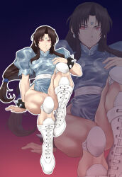  92penpen bare_legs boots bracelet brown_hair capcom chun-li cuffs earrings expressionless female_only femsub gradient_background knee_pads long_hair microchip muscle_girl red_eyes simple_background sitting solo street_fighter street_fighter_ii_v tech_control thick_thighs unhappy_trance watermark 