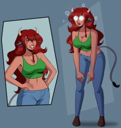  allison_(argonis) animal_ears bare_shoulders before_and_after breasts cleavage color cow_girl crop_top dark_skin dazed female_only femsub fortnite hand_on_hip horns hypnot-eyes jeans large_breasts leaning_forward long_hair midriff multiple_views navel open_mouth original pants polmanning red_hair simple_background slouching smile solo spiral_eyes symbol_in_eyes 