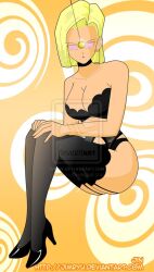 android_18 blonde_hair breasts dragon_ball expressionless femsub jimryu large_breasts lingerie pendulum short_hair spiral_eyes symbol_in_eyes thighhighs underwear