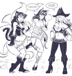 ahri_(league_of_legends) bikini_armor black_hair boots breasts cat_ears cat_girl cat_tail closed_eyes female_only femdom femsub fox_ears fox_girl fox_tail greyscale happy_trance heart heart_eyes kitsune_girl knee-high_boots kya_(nazwa) large_breasts league_of_legends majinsfw miss_fortune_(league_of_legends) multiple_tails open_mouth sketch smile symbol_in_eyes tail text