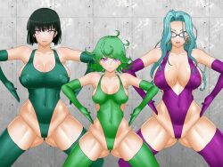 animated animated_gif black_hair blue_hair bouncing_breasts clothed female_only femsub fubuki_(one_punch_man) glasses green_hair haigure konnandakke latex multiple_girls multiple_subs one_punch_man pink_eyes psykos_(one_punch_man) short_hair sisters tatsumaki_(one_punch_man)