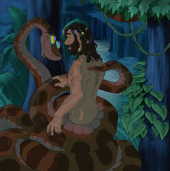  aged_up ass beard bottomless brown_hair coils deeper_happier disney hairy hypnotic_eyes kaa kaa_eyes long_hair male_only malesub mowgli nude snake the_jungle_book tongue tongue_out topless 