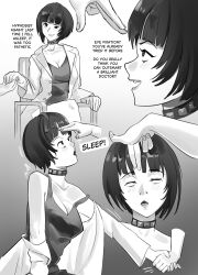  coat comic doctor eye_roll femsub glatu greyscale lab_coat persona_(series) persona_5 short_hair sleep_command tae_takemi tagme text 
