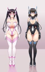  absurdres black_hair cleavage drool female_only femsub gloves happy_trance high_school_dxd infinite_stratos large_breasts leotard long_hair navel ninai open_mouth opera_gloves orimura_chifuyu serafall_leviathan smile standing standing_at_attention tech_control thighhighs twintails visor 