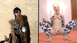 3d before_and_after bimbofication blonde_hair bottomless breast_expansion breasts cow_girl empty_eyes female_only femsub final_fantasy final_fantasy_xiv open_mouth topless whitewash_eyes