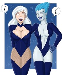 alternate_costume black_canary blue_hair breasts cleavage collar corruption dc_comics female_only femdom femsub fishnets glowing glowing_eyes happy_trance large_breasts livewire long_hair polmanning short_hair smile super_hero superman_(series) western white_hair