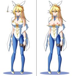  absurdres artoria_pendragon artoria_pendragon_(lancer) blonde_hair blush breasts breasts_outside bunnysuit coin cuffs dazed empty_eyes etlabsotwe expressionless fake_animal_ears fate/grand_order fate_(series) female_only femsub green_eyes high_heels large_breasts long_hair open_clothes open_mouth pendulum 