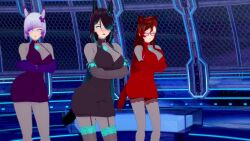 3d animated black_hair blue_eyes blue_hair body_markings bodysuit brown_hair charlotte_(milena) collar cybus_industries dog_ears drone expressionless garter_belt gloves koikatsu! louise_(milena) milena milena_(milena) opera_gloves red_hair tail tech_control video wolf_girl