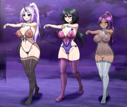  absurdres black_hair bleach bottomless breasts cleavage dark_skin empty_eyes female_only femsub happy_trance hypnotic_accessory infinite_stratos large_breasts lingerie long_hair multiple_girls multiple_subs navel necklace nipples oni_girl open_mouth orimura_chifuyu ponytail purple_hair see-through shion_(tensei_slime) smile that_time_i_got_reincarnated_as_a_slime thighhighs underwear yensh yoruichi_shihoin zombie_walk 