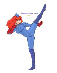  alternate_costume awmbh breasts capcom daphne_blake empty_eyes expressionless female_only femsub large_breasts long_hair orange_hair red_hair scooby-doo_(series) shadaloo_dolls solo street_fighter text western yoga 