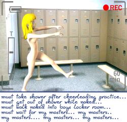 3d barefoot blonde_hair bottomless breasts cheerleader expressionless female_only femsub karma-x locker_room nude original text topless zombie_walk