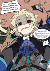 alternate_costume angry blonde_hair blood breasts choking dialogue dottore_(genshin_impact) english_text eye_color_change femsub genshin_impact gloves looking_at_viewer lumine_(genshin_impact) lying male_pov maledom mask outdoors possession pov red_eyes scaramouche_(genshin_impact) speech_bubble surprised text vel wanderer_(genshin_impact) wounds