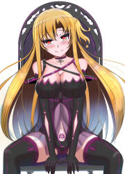  alternate_costume alternate_hair_color asuna babydoll blonde_hair blush chair choker cleavage crotch_tattoo female_only femsub gloves glowing_eyes happy_trance high_heels large_breasts leotard long_hair nalumille_draw navel opera_gloves red_eyes side_ponytail simple_background sitting smile solo spread_legs sword_art_online tattoo thighhighs watermark white_background 