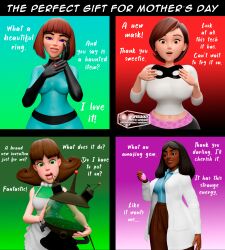  3d absurdres black_hair breasts brown_hair cartoon_network clothed crossover crystal danny_phantom_(series) dark_skin dialogue disney english_text helen_parr hypnotic_accessory hypnotic_mask jimmy_neutron_(series) judy_neutron large_breasts maddeline_fenton milf mother's_day multiple_girls multiple_methods_of_hypnosis multiple_subs nickelodeon pixar priyanka_maheswaran ring steven_universe supercasket text the_incredibles 