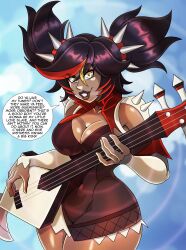  absurdres breasts choker cleavage clothed dialogue english_text female_only femdom genshin_impact heterosexual hypnotic_music instrument large_breasts male_pov music pov pov_sub speech_bubble text thighs twintails xinyan_(genshin_impact) zorro-zero 