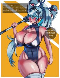  abs absurdres axe bare_shoulders blush boots breasts cleavage collarbone dialogue drone erect_nipples_under_clothes expressionless eyebrows_visible_through_hair femsub foolycooly glowing glowing_eyes hairband headphones huge_breasts labrys_(persona) large_hips leotard long_hair mind_hack navel open_mouth persona_(series) persona_4 persona_4_arena ponytail red_eyes robot robot_girl simple_background speech_bubble symbol_in_eyes tech_control text thighhighs tight_clothing weapon white_hair yellow_background 