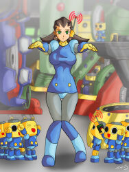  antenna binary_eyes breasts brown_hair capcom earpiece empty_eyes expressionless femsub hypnotic_accessory knees_together large_breasts megaman_(series) megaman_legends_(series) remote_control robot servbot short_hair symbol_in_eyes tech_control text trishbot tron_bonne zombie_walk 