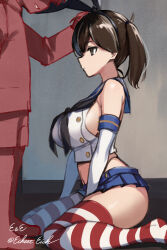  absurdres admiral_(kantai_collection) bare_shoulders breasts brown_eyes brown_hair cosplay crop_top eckert&amp;eich expressionless femsub gloves hair_band hand_on_head kaga_(kantai_collection) kantai_collection large_breasts long_hair maledom miniskirt opera_gloves ponytail shimakaze_(kantai_collection) side_ponytail sideboob signature skirt thighhighs 