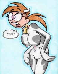 breasts brown_hair collar cow_girl cowbell empty_eyes fairly_oddparents_(series) female_only femsub horns king_cheetah long_hair nickelodeon shrunken_irises sketch solo text traditional vicky voyer_(colorist) western