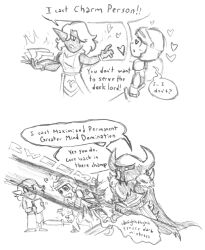  blush book charm_(spell) comic confused dazed dialogue drool elf elf_ears enemy_conversion english_text femdom hair_covering_one_eye heart heart_eyes helmet horns hypnotic_magic knight magic malesub multiple_doms multiple_girls multiple_methods_of_hypnosis ring_eyes sleepyboi32 sword text weapon wizard 