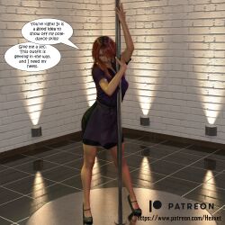 3d absurdres altered_perception comic dancing female_only femsub hexxet high_heels long_hair nicole_bolagona office_party orange_hair pole_dancing red_hair red_lipstick skirt smile solo text thick_thighs waitress