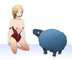  blonde_hair bloody_good_time breasts drool female_only femsub kneeling long_hair nexus_light open_clothes open_mouth sheep spiral_eyes swimsuit symbol_in_eyes tagme tech_control the_beach_babe_(bloody_good_time) 