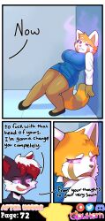 absurdres aggretsuko artifact_the_fox breasts cheating clothed comic corruption dialogue femsub fox_boy furry glowhorn limp magic maledom netorare office office_lady open_mouth original panties purple_eyes red_hair red_panda_girl retsuko_(aggretsuko) sanrio sharp_teeth shirt shoes simple_background skirt spiral_eyes suit tail tight_clothing underwear white_hair