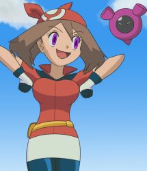 asatuyu bandana bouncing_breasts breasts brown_hair femsub gloves happy_trance long_hair may mochi_dance nintendo pecharunt pokemon pokemon_(anime) pokemon_ruby_sapphire_and_emerald purple_eyes simple_background smile