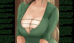 blonde_hair breasts caption caption_only cleavage consensual femdom huge_breasts hwd171_(manipper) hypnotic_breasts large_breasts long_hair male_pov manip mole open_clothes pov pov_sub text