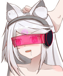  animal_ears blush chinese_text control_indicator drool empty_eyes feet femsub happy_trance headphones long_hair nouer nude open_mouth pink_eyes side_ponytail simple_background stepped_on tech_control visor white_background white_hair 