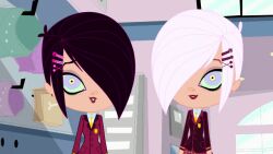 animated animated_eyes_only animated_gif black_hair breasts brittany_biskit happy_trance kaa_eyes littlest_pet_shop school_uniform short_hair sisters standing_at_attention sunil_nevla twins western white_hair whittany_biskit