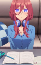 breasts femsub glowing glowing_eyes happy_trance headphones ivatent_(manipper) large_breasts long_hair looking_at_viewer manip miku_nakano pajamas red_hair smile the_quintessential_quintuplets