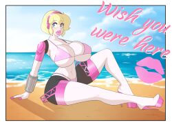 aegis_(persona) beach bimbofication breast_expansion breasts cleavage empty_eyes female_only femsub happy_trance headphones high_heels huge_breasts large_lips persona_(series) persona_3 robot sealguy swimsuit text