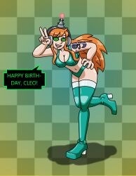  absurdres antenna bent_over birthday breasts cleavage dialogue female_only fembot femsub green_eyes hand_on_hip happy_trance headphones high_heels latex nami_(one_piece) navel one_piece open_mouth posing red_hair robot robotization simple_background smile speech_bubble spiralwash_eyes standing supertechno324 swimsuit tattoo tech_control text thigh_boots thighhighs v very_long_hair 