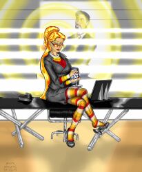  blonde_hair breasts brown_eyes crossed_legs femdom glasses hypnotia iron_man ironman_(series) large_breasts malesub marvel_comics open_mouth rotem_dishon sitting super_hero thighhighs tony_stark very_long_hair western 