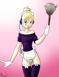 absurdres androgynous bare_shoulders blonde_hair blue_eyes blush bottomless chastity crossdressing danaume feather_duster feminization flat_chest gloves headphones looking_at_viewer maid maid_headdress male_only malesub original penis pink_background simple_background solo spiral_eyes symbol_in_eyes tech_control thighhighs trap western